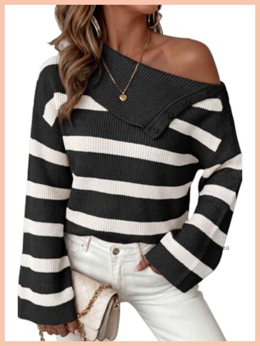 Striped Knit Pullover Sweater Bell Sleeve Button Turtleneck Off Shoulder